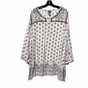 Catherines White Blue Floral Embellishments 3/4 Sleeve Top Blouse 3X